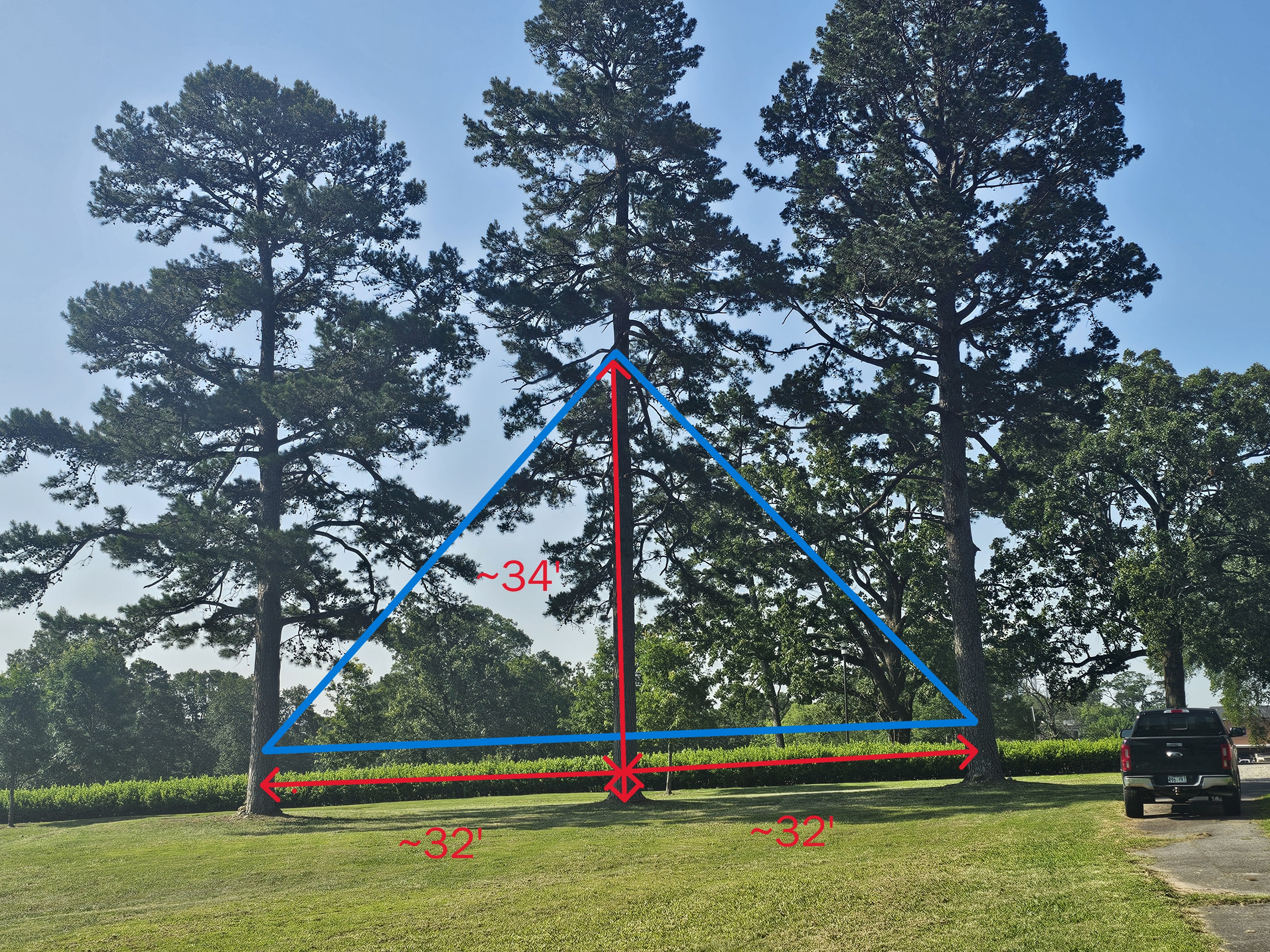 Delta loop antenna strung between pine trees — approximately 34 feet high, 32 feet per side